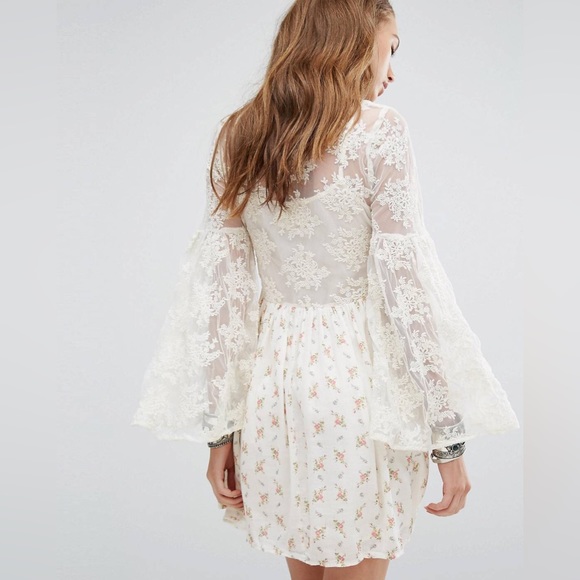 Denim Supply Ralph Lauren Bohemian Printed Tea Dress Lace Flare Sleeves Prairie - Picture 2 of 14